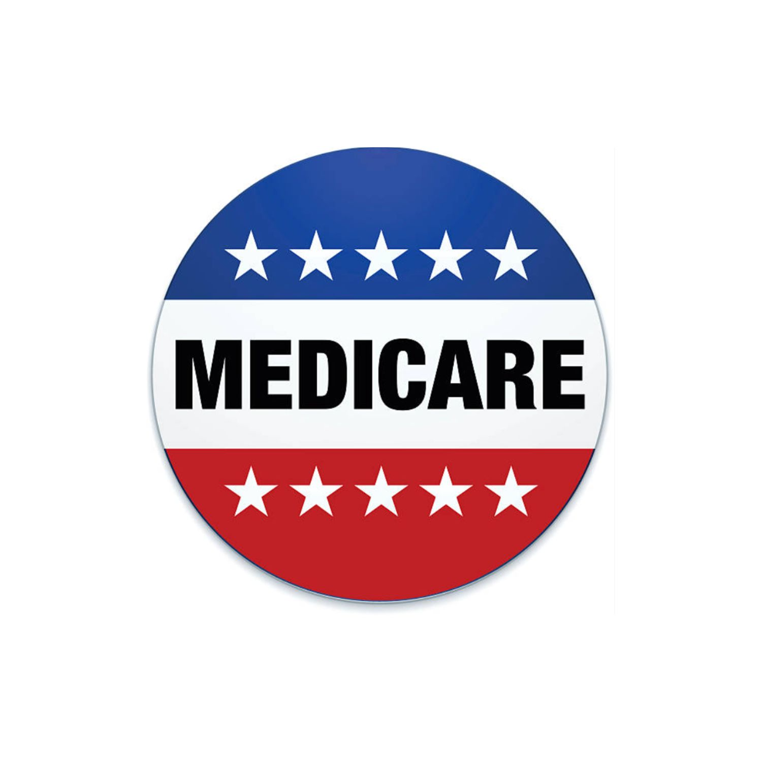 Medicare political campaign button in red, white, and blue with stars and the word 'Medicare' in bold black letters.