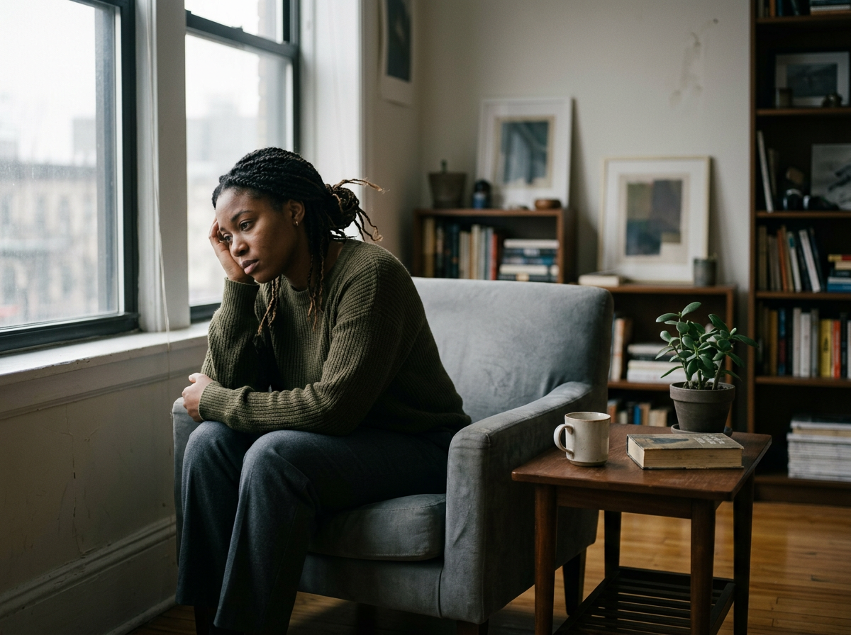 A woman sitting on a gray armchair near a window, looking down with a thoughtful or sad expression. There is a wooden side table with a potted plant, a mug, and a book, and bookshelves in the background.