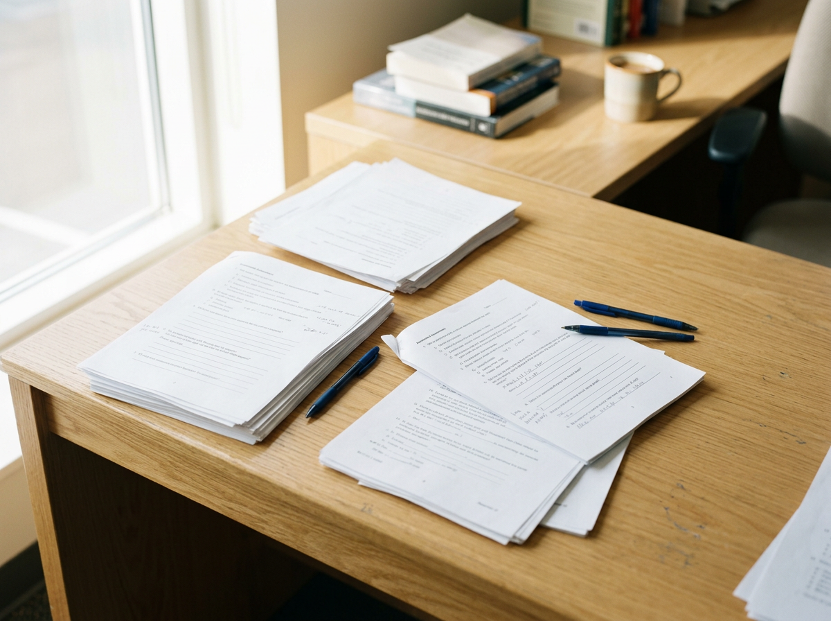 Office desk with stacks of printed papers, some pens, and a mug, near a window.