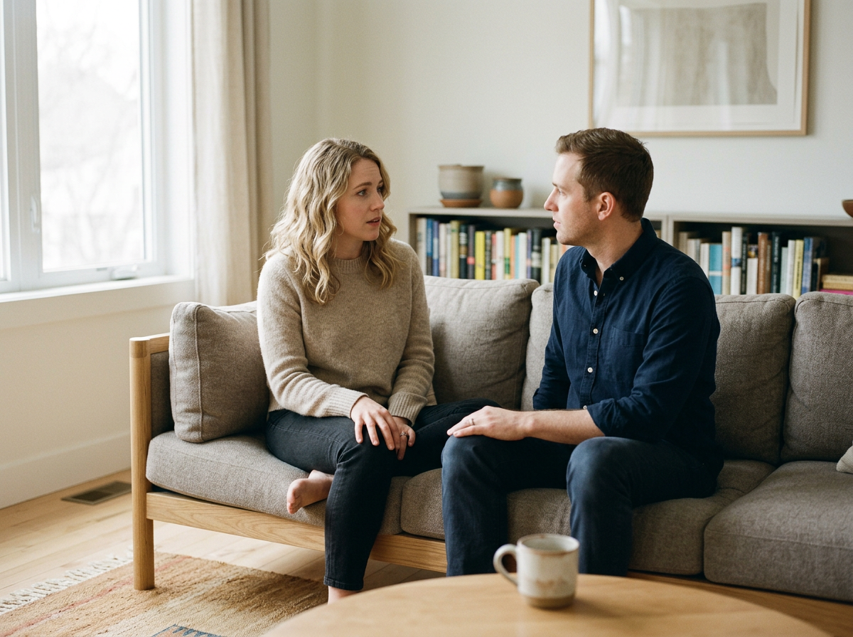 A woman and man sitting on a gray sofa having a serious conversation in a living room with a bookshelf in the background.