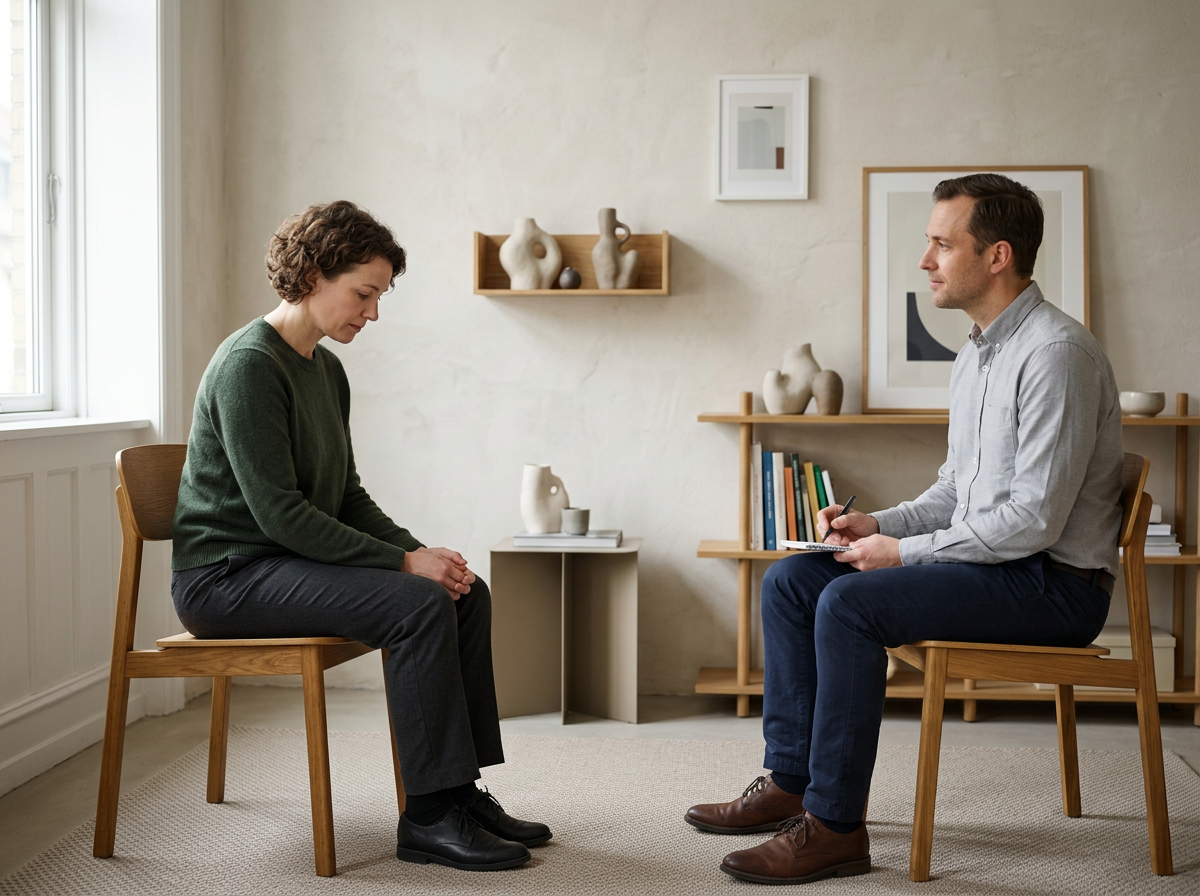 A woman, wearing a green sweater and dark pants, sits on a wooden chair with her head bowed and hands clasped, in a therapy session with a male therapist, who is dressed in a light gray shirt and dark blue pants, holding a notepad and pen. They are in a well-lit, minimally decorated room with beige walls, framed art, bookshelves, and art vases.