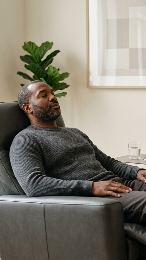 Man resting in a chair with a glass of water on the side table