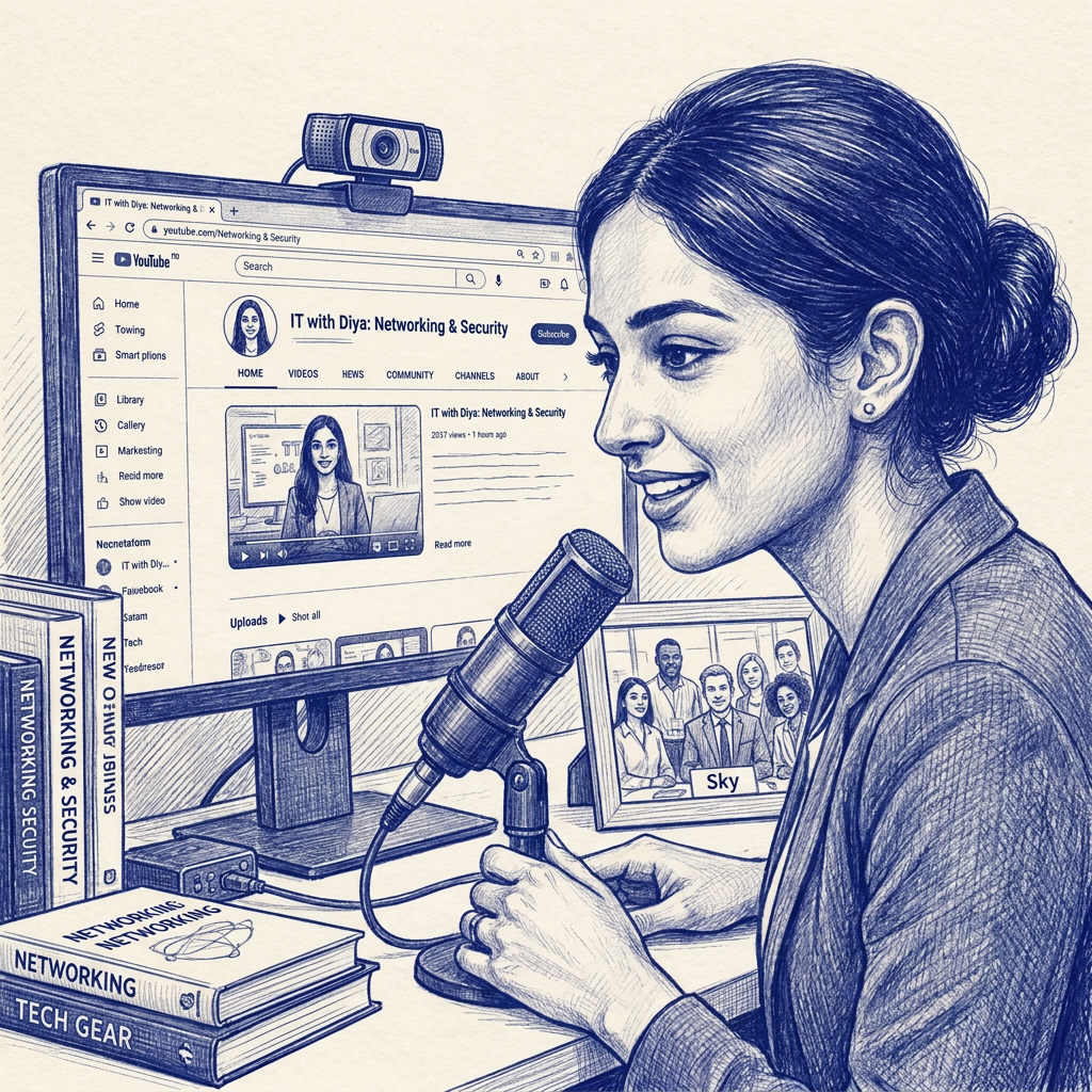 A woman speaking into a microphone in front of a computer screen displaying a YouTube channel titled 'IT with Diya: Networking & Security,' with books on networking and tech gear nearby.