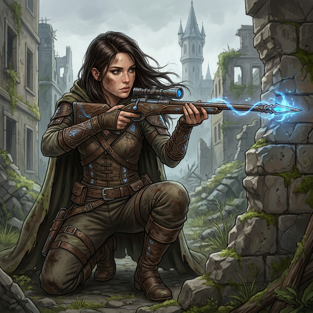 A female archer with brown hair and armor aiming her bow, shooting a magical energy arrow at a stone wall in a post-apocalyptic ruined city with overgrown vegetation and crumbling buildings.