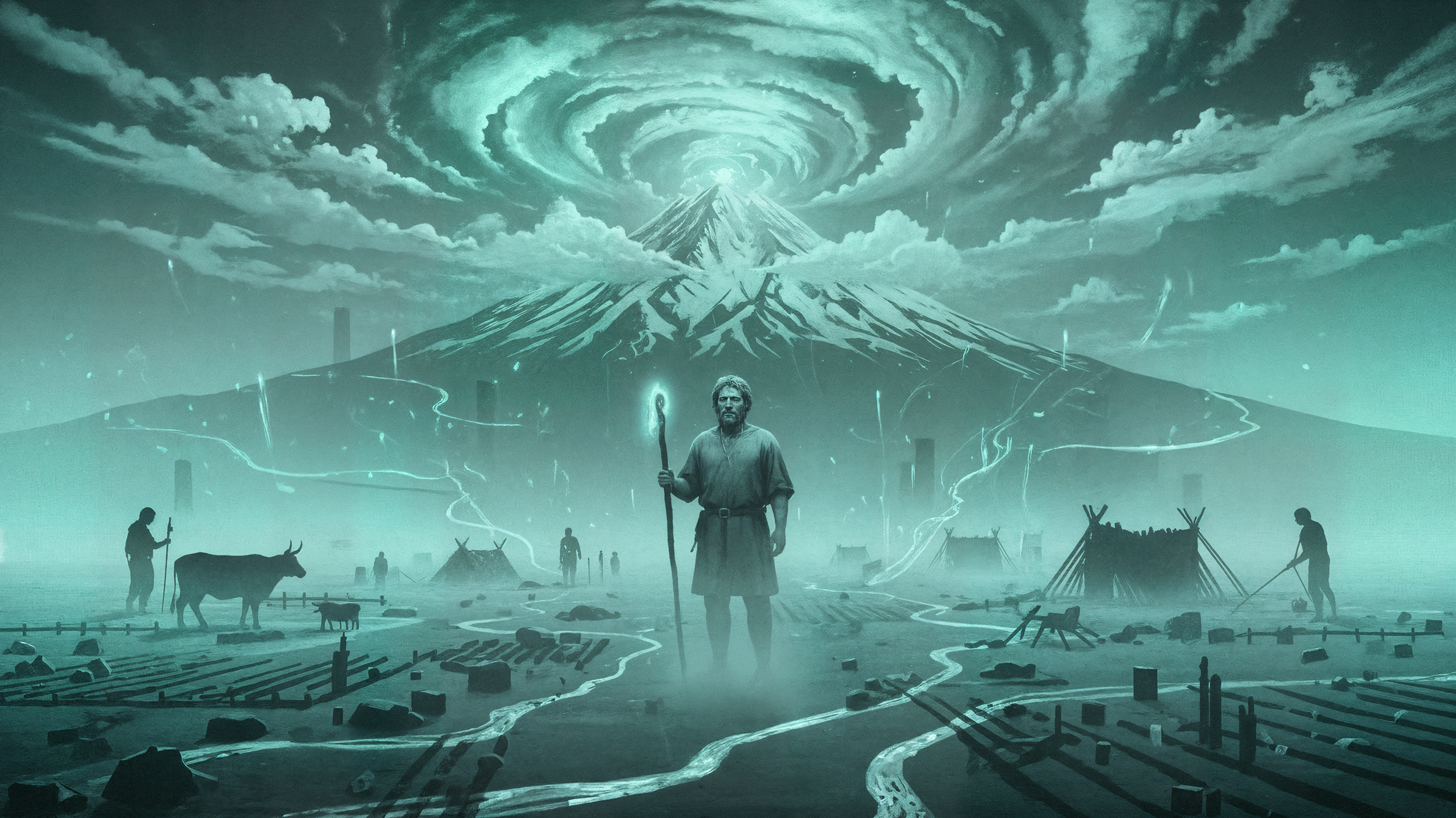 Digital painting of a people in a primitive village with a large volcanic mountain and swirling clouds in the background. Central figure holding a staff, surrounded by other villagers, animals, and makeshift huts, with lightning and mystical energy.