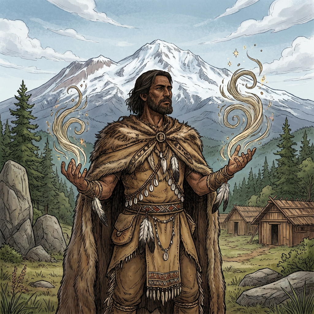 A man dressed in indigenous clothing, standing outdoors in front of mountains and trees, with swirling magical energy in his hands.