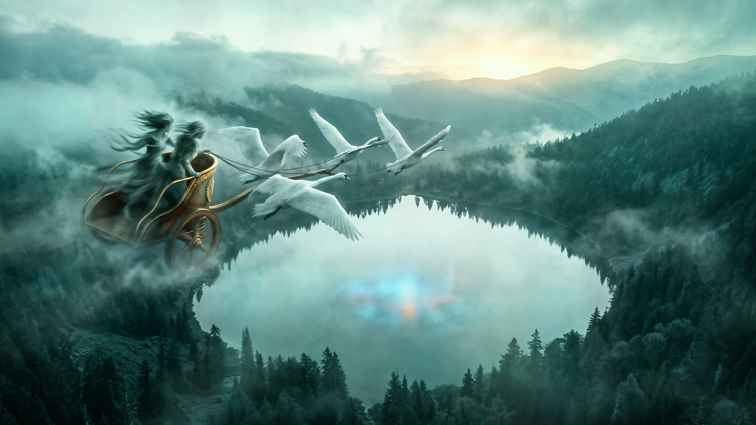 Fantasy scene of two women in a chariot drawn by swans flying over a misty mountain lake.