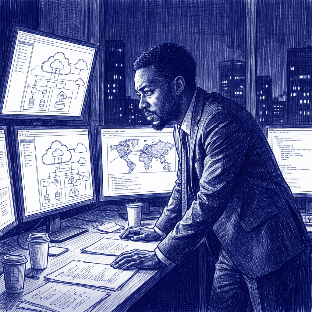An illustration of a man in a suit working at a desk with multiple computer monitors displaying cloud computing diagrams, world maps, and code, in a city skyline background.
