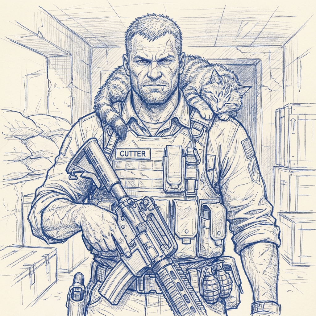 A detailed sketch of a serious-looking military or law enforcement officer holding a rifle, with a cat sleeping on his shoulder, inside a room filled with boxes and supplies.