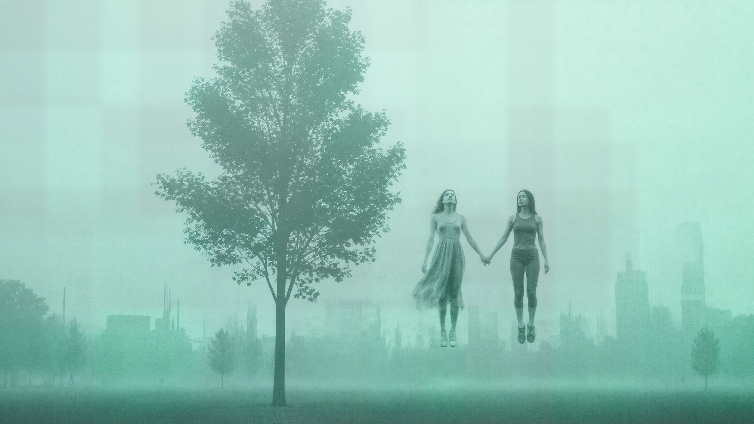 Two women holding hands in a foggy city park with a large tree and city buildings in the background.