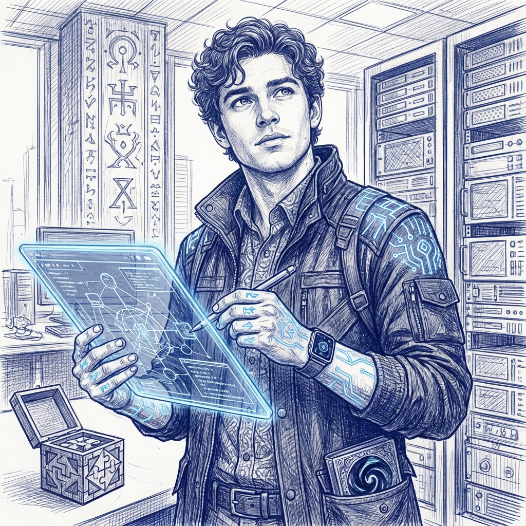 A young man with curly hair and a thoughtful expression, dressed in a futuristic jacket, is holding a transparent digital tablet displaying complex diagrams. He is surrounded by high-tech servers and equipment in a laboratory setting.