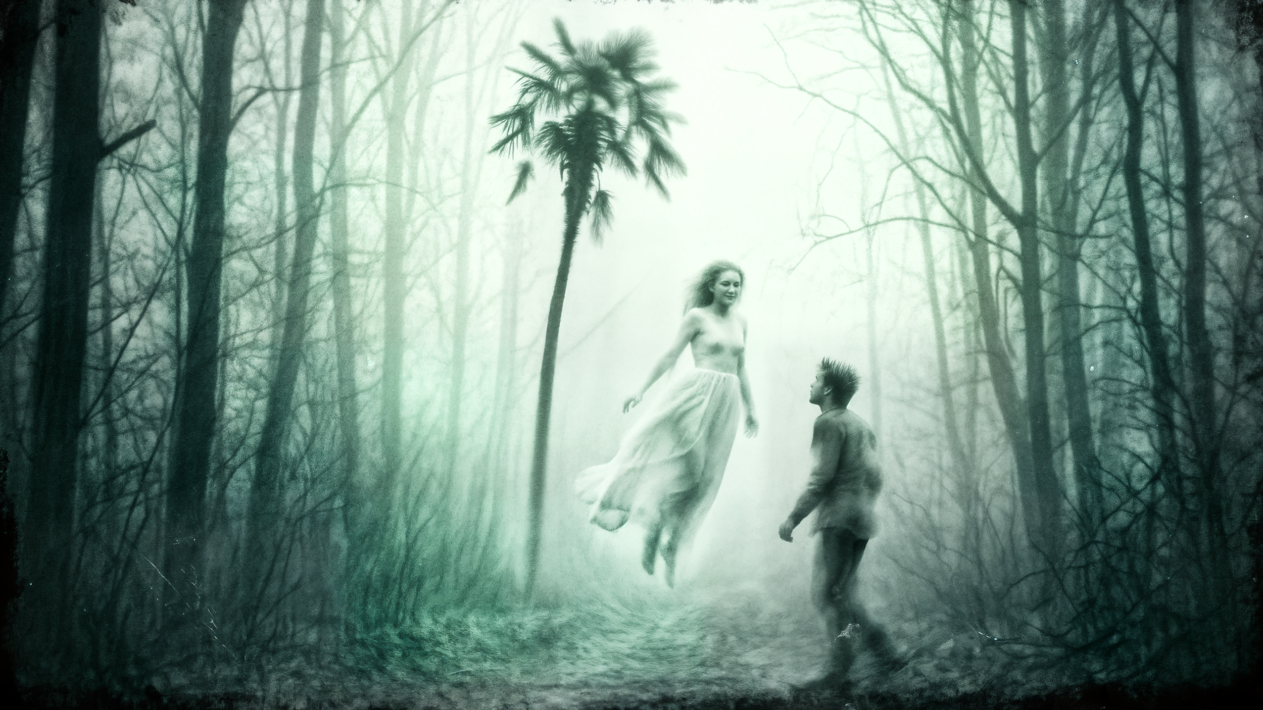 A surreal scene in a foggy, leafless forest with two floating figures: a woman in a white flowing dress and a man, both appearing semi-transparent. The woman is lifted slightly above the ground, smiling, while the man stands nearby looking up at her.