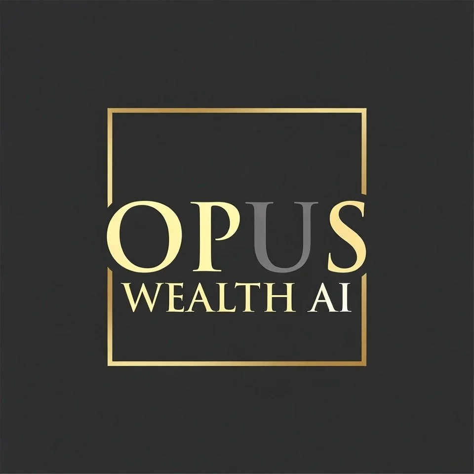 Logo for Opus Wealth AI with a black background and gold and gray text inside a gold square outline.
