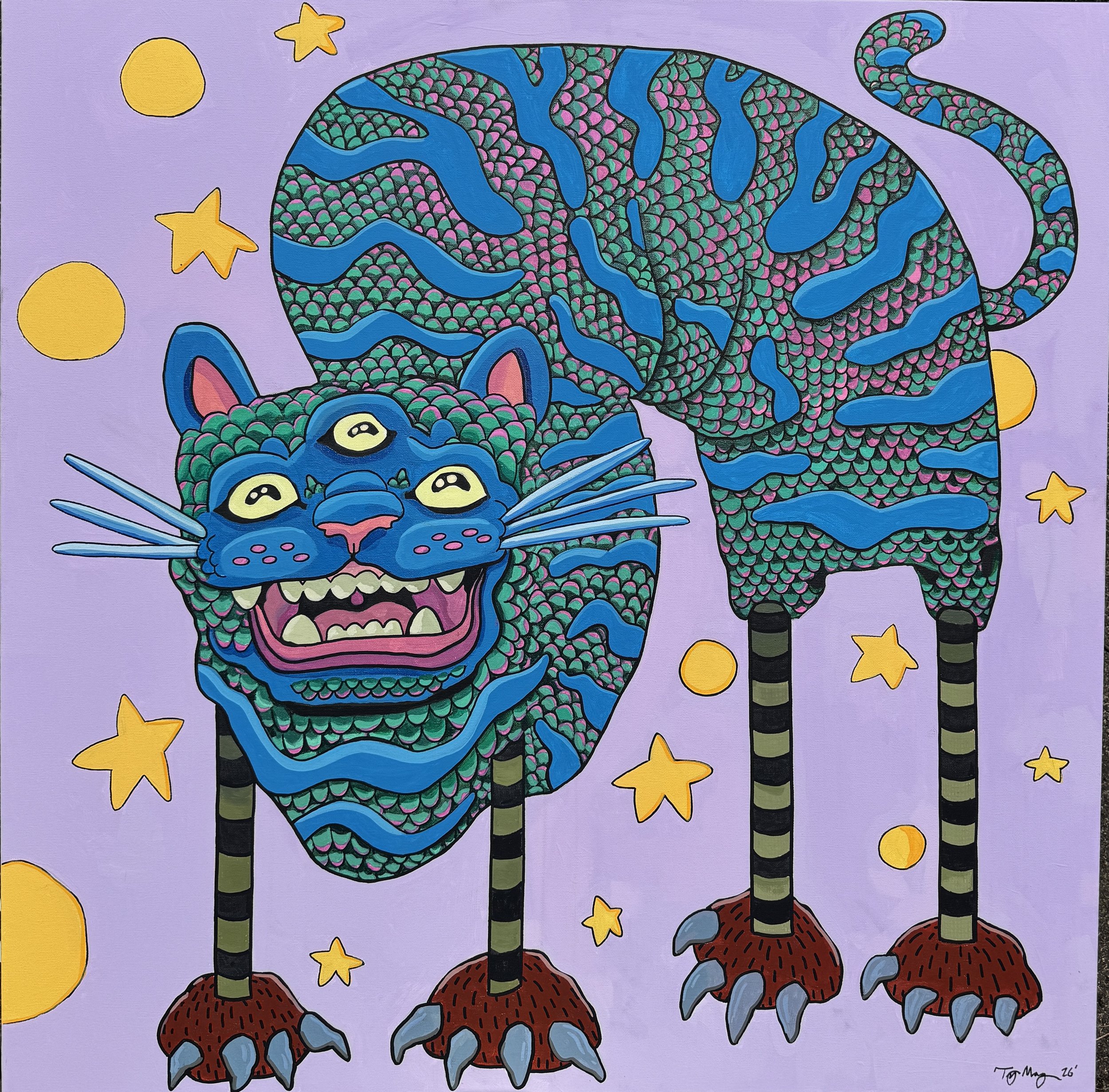 A colorful drawing of a blue tiger with green and pink scales, standing on red and blue striped stilts, with yellow stars and circles around it on a purple background.