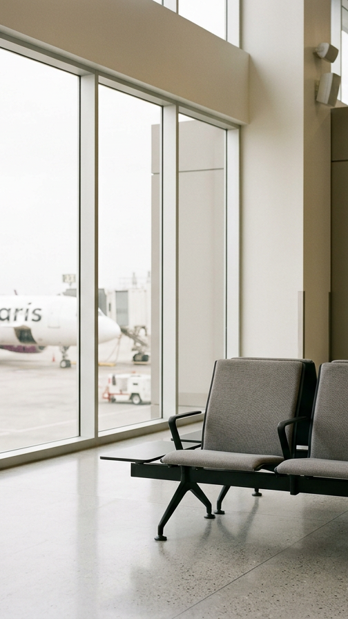 Empty airport gate with gray chairs, large windows showing an airplane outside.