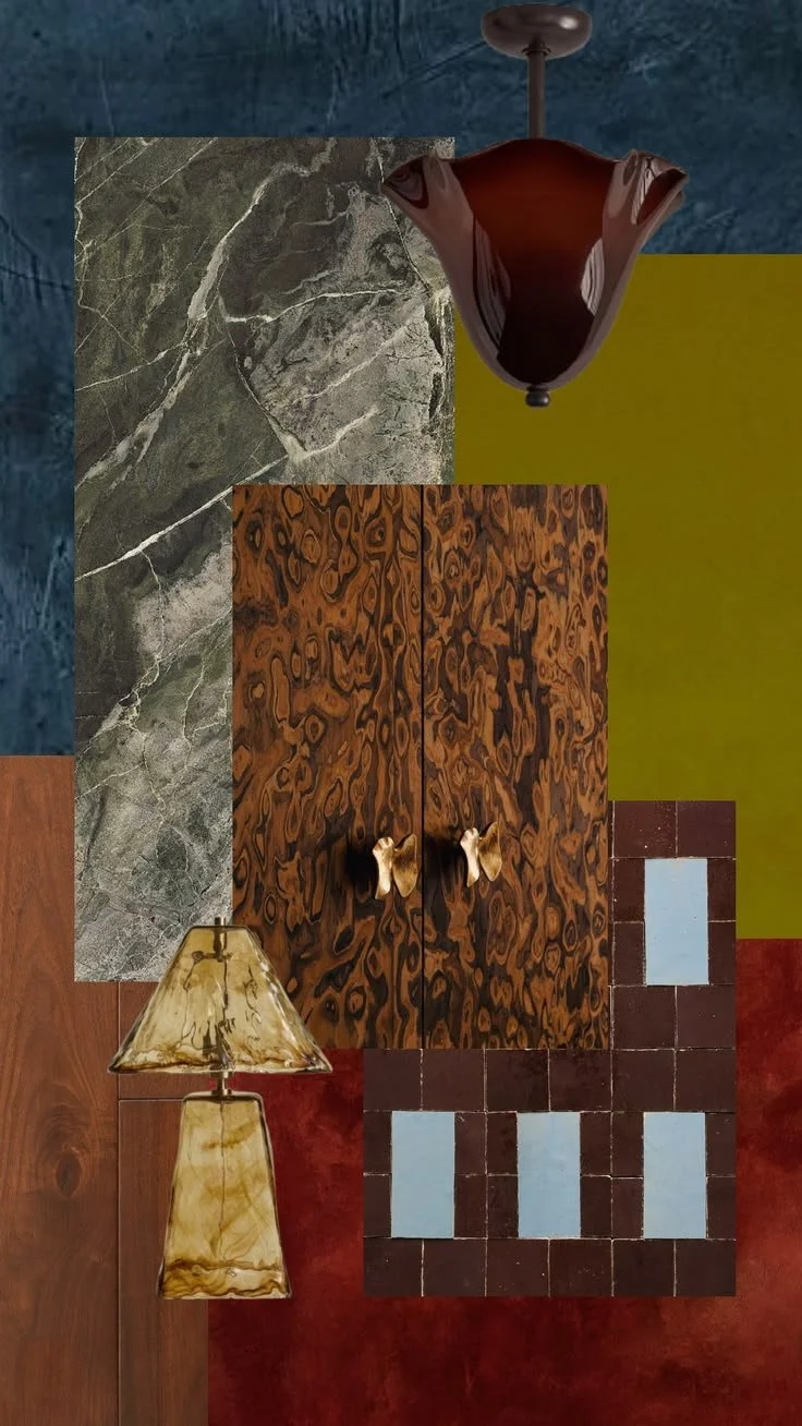 Interior design material palette moodboard featuring timber, stone, tiles, rich colour and statement lighting.