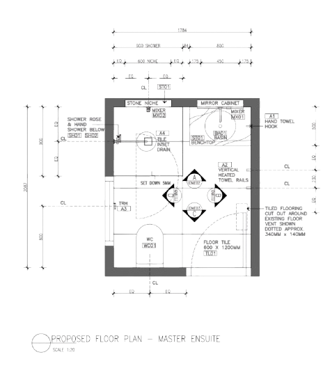 Detailed bathroom floor plan elevations and sections and interior design documentation by Design by Sop.
