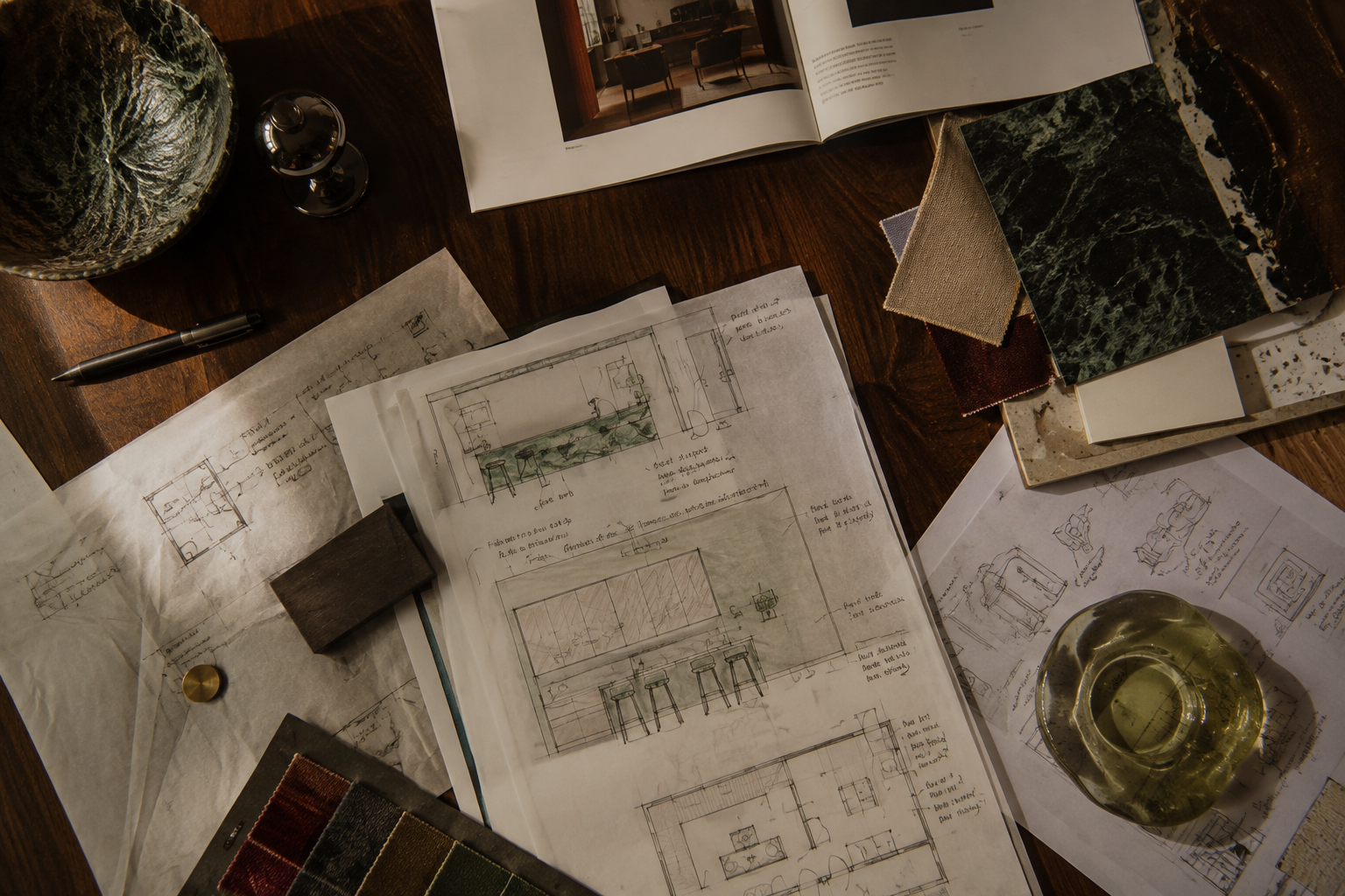 Interior design concept development with hand sketches, material samples and finishes by Design by Sop.
