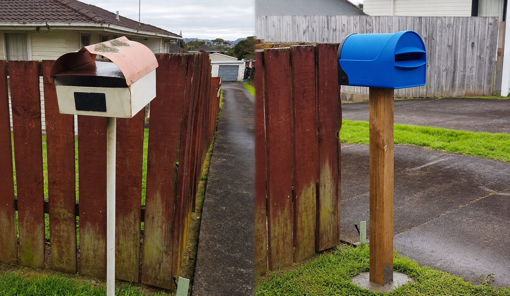 A white mailbox with a brown lid and a black address plaque, and a bright blue mailbox mounted on a wooden post, are positioned on either side of a red wooden fence.
