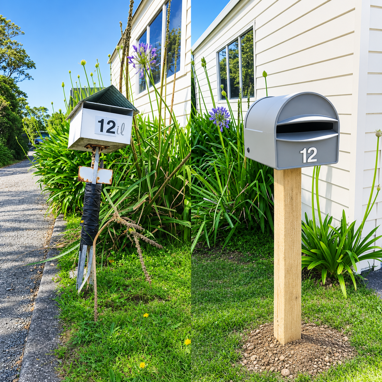 Comparison of two mailboxes for house number 12, one old and rusty on the left, and a new gray mailbox on the right, in front of a white house with green plants and flowers.