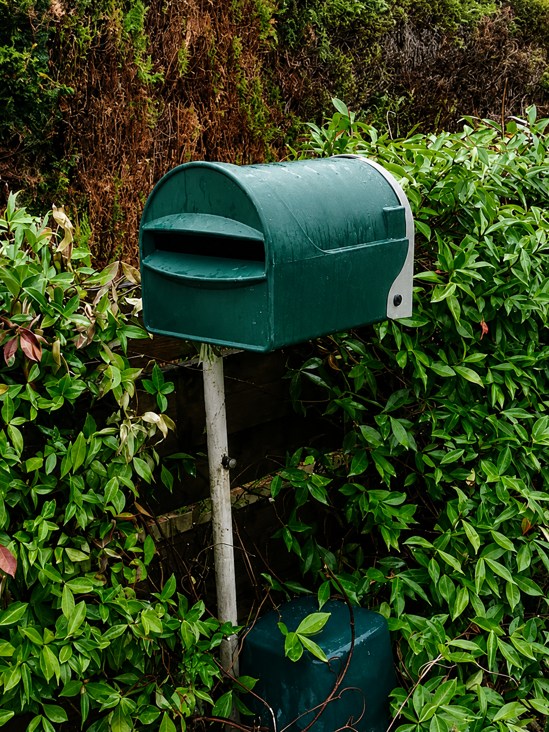Green mailbox mounted on a white post surrounded by green leafy bushes.