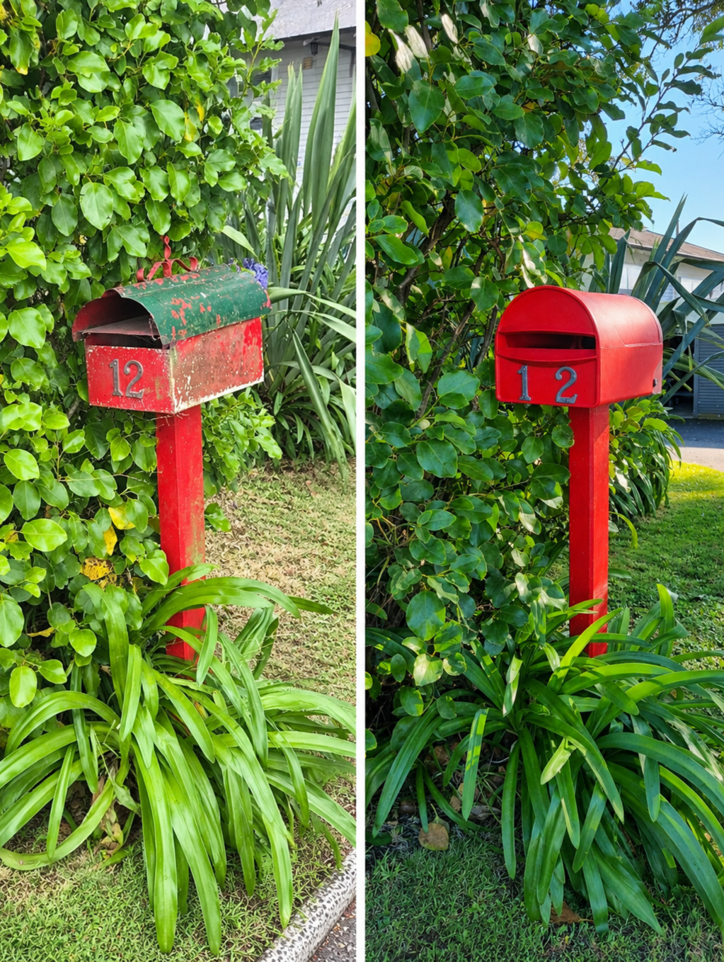 Side-by-side comparison of two red mailboxes, numbered 12 on the left and 12 on the right, surrounded by green foliage and plants in front of buildings, with one mailbox showing more signs of wear and paint chipping.