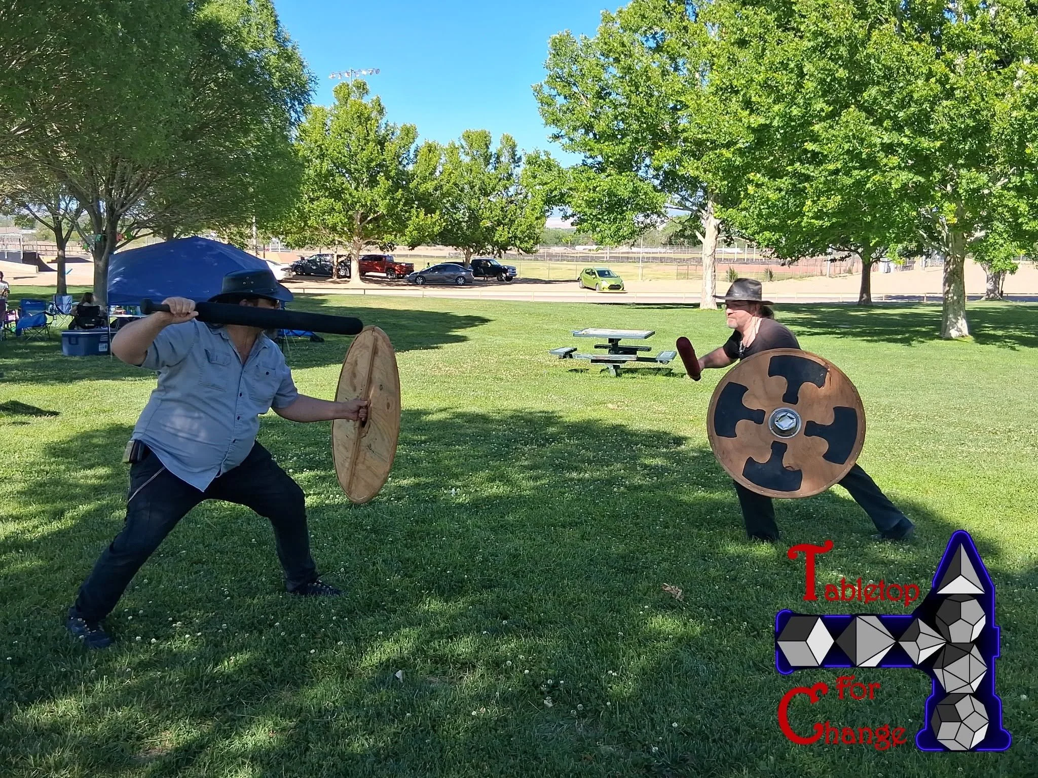 Two individuals engage in a mock sword fight with shields in a park on a sunny day, with trees and parked cars in the background.