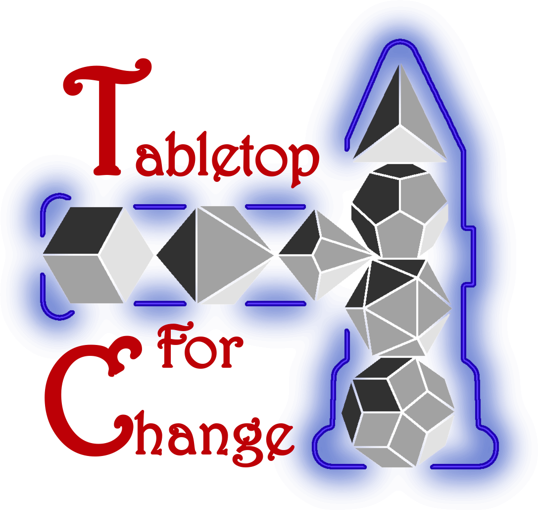 Graphic with the text 'TablOop fan cube' in red, featuring illustrations of multiple gray 3D cubes and pyramids with a blue background and a purple outline.