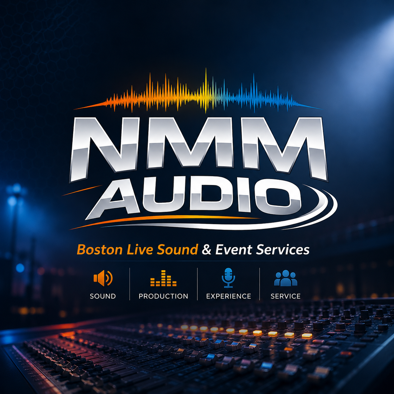 A promotional graphic for NMM Audio featuring a soundwave and the text 'Boston Live Sound & Event Services'. Icons for sound, production, experience, and service are displayed at the bottom.