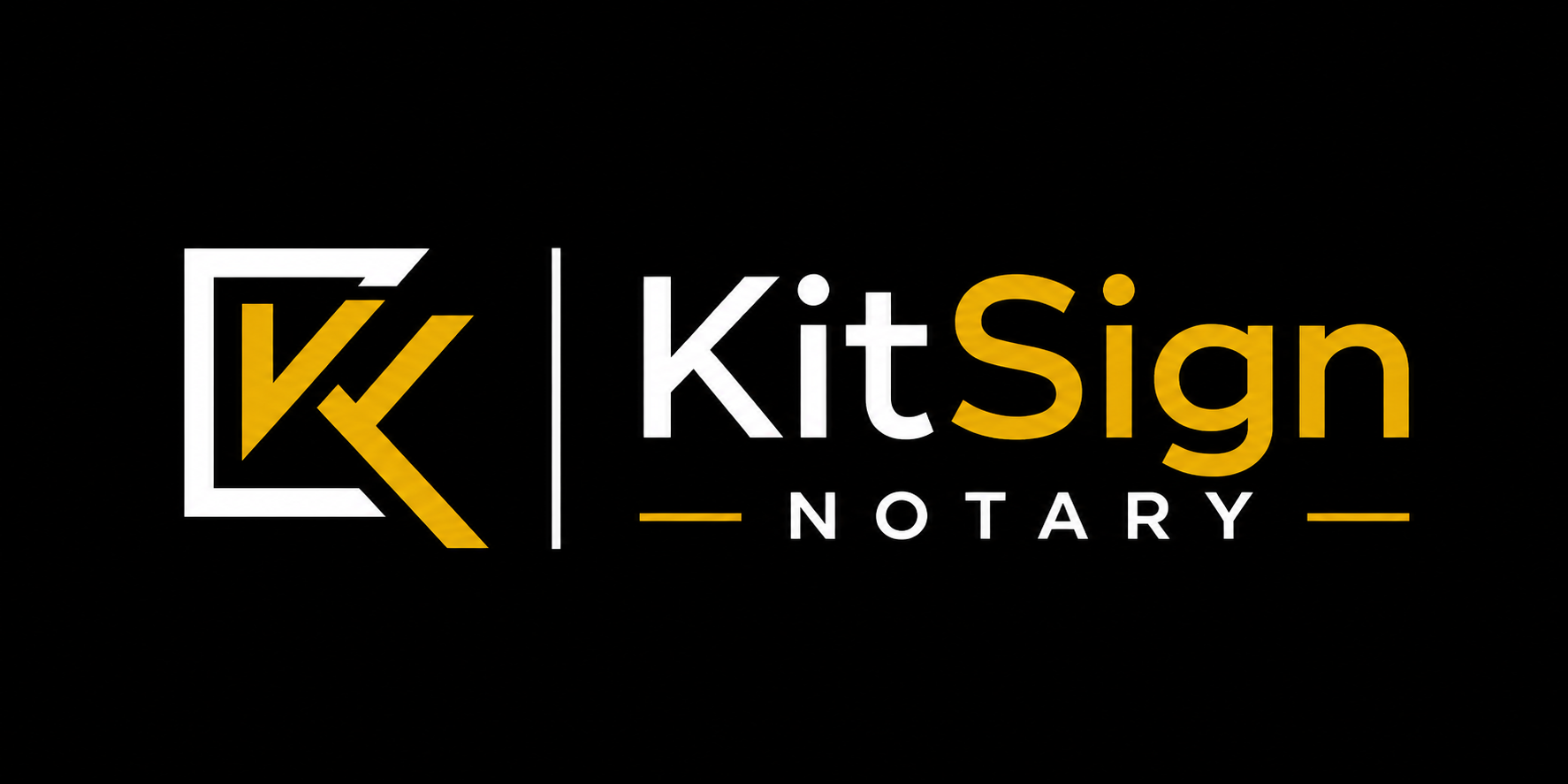 Logo with text 'KitSign Notary' in black, white, and gold colors