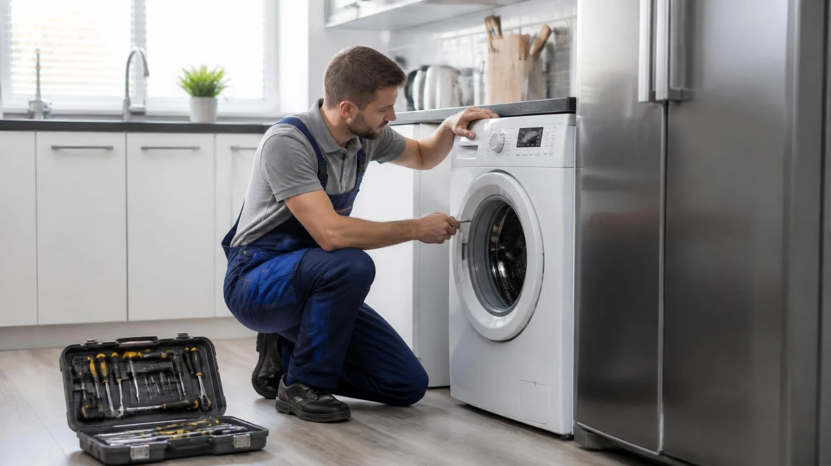 Técnico reparando una lavadora y un refrigerador en León, Guanajuato