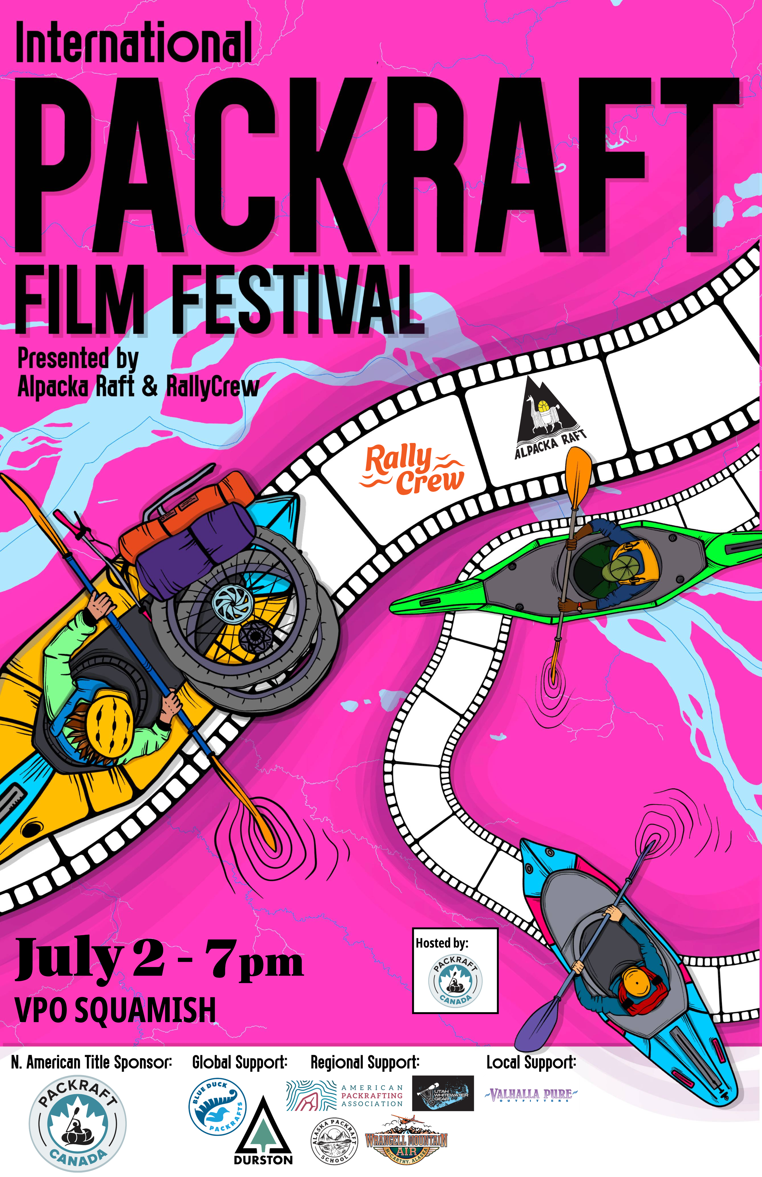 A colorful poster for the International Packraft Film Festival featuring illustrations of packrafters in kayaks paddling through water with a pink and purple background, and an animated film strip running across the poster. The event is scheduled for July 2-7 at VPO Squamish, hosted by Packraft Canada, with logos of sponsors and supporters at the bottom.