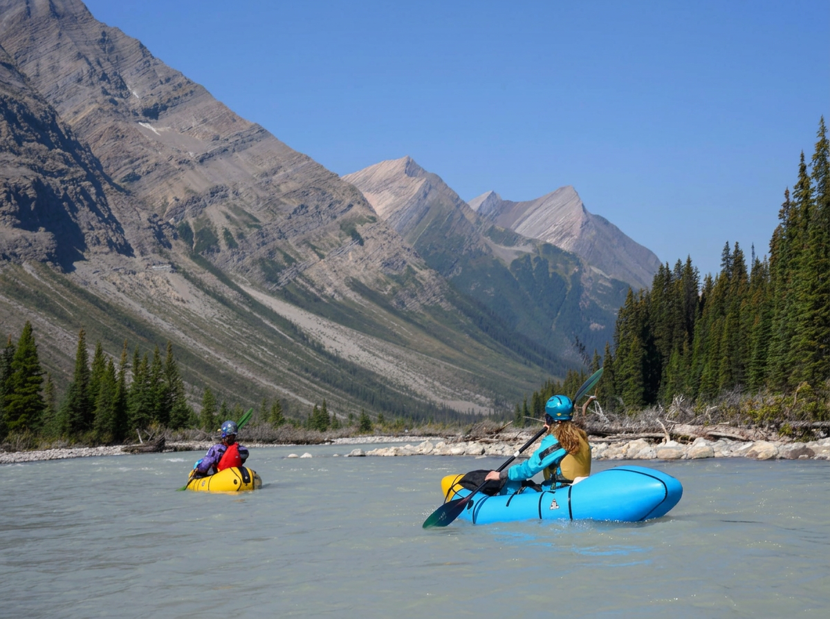 Two people kayaking in a river with mountains and pine trees in the background.