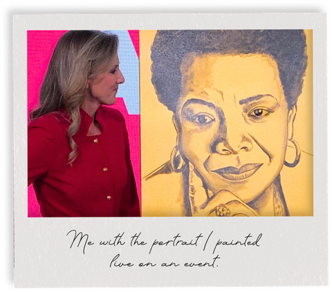 Heather Hodges, a keynote speaker and live artist in a red blazer looking at her painted portrait at a healthcare conference.