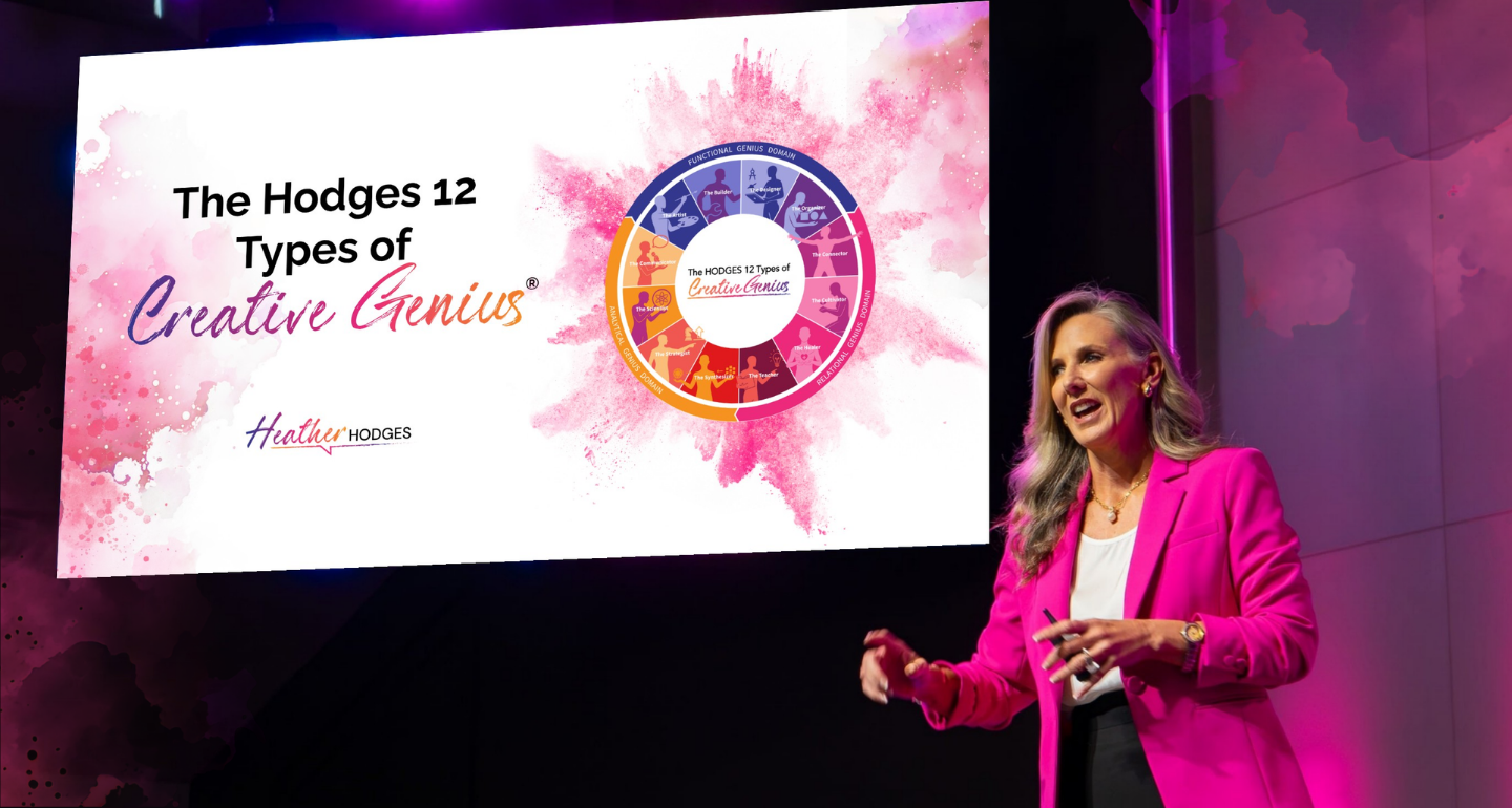 Dr. Heather Hodges presenting The Hodges 12 Types of Creative Genius framework on stage.