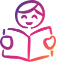 Colorful icon of a smiling face reading a book with a coffee cup nearby.