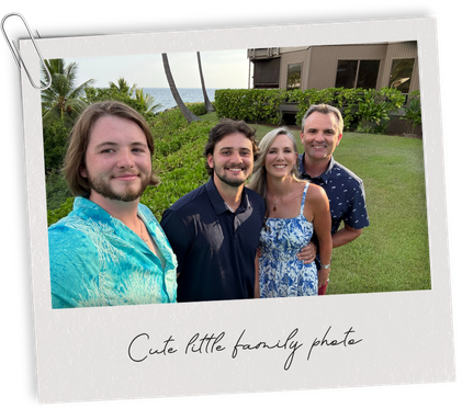 A Polaroid family photo of Heather Hodges, with her husband Wade, and her two grown sons.