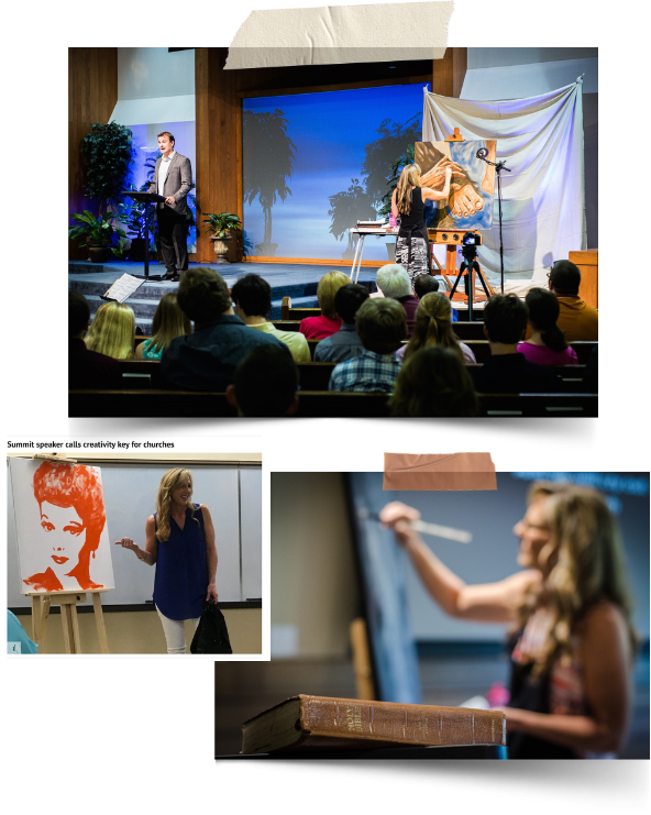 Heather Hodges painting at a faith-based event, presenting to a group, and speed-painting a portrait on stage.
