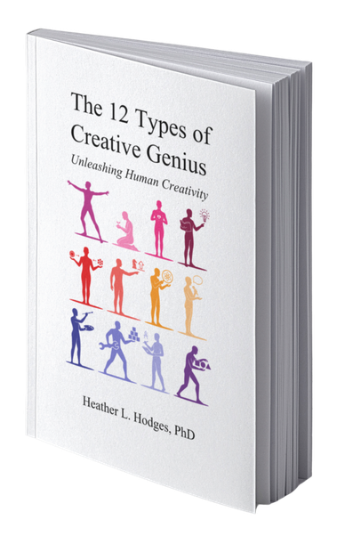 Book cover for 'The 12 Types of Creative Genius: Unleashing Human Creativity' by Heather L. Hodges, PhD, featuring silhouettes of people engaged in creative activities.