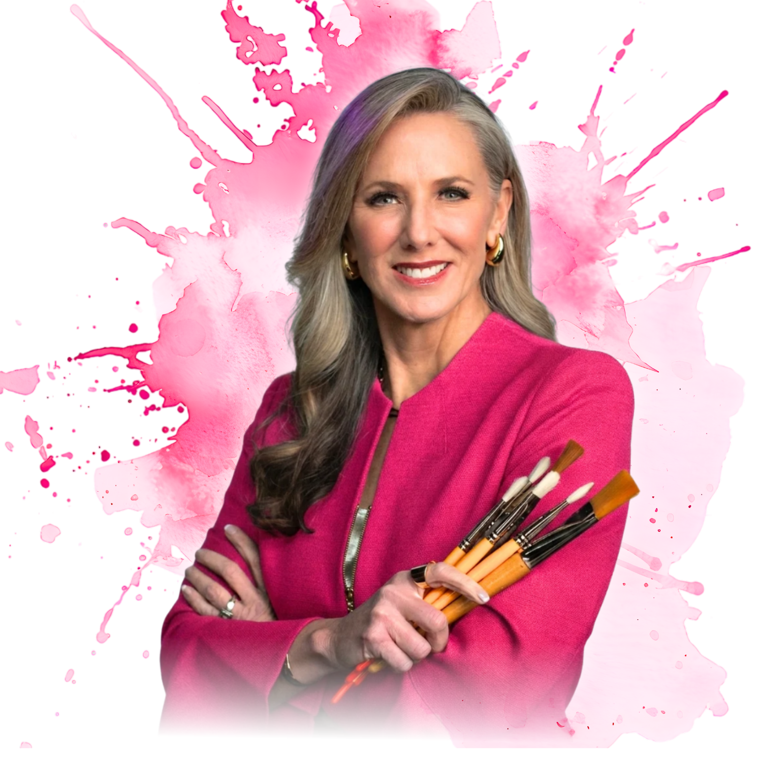 Heather Hodges holding paintbrushes, smiling in front of a pink watercolor splash background.