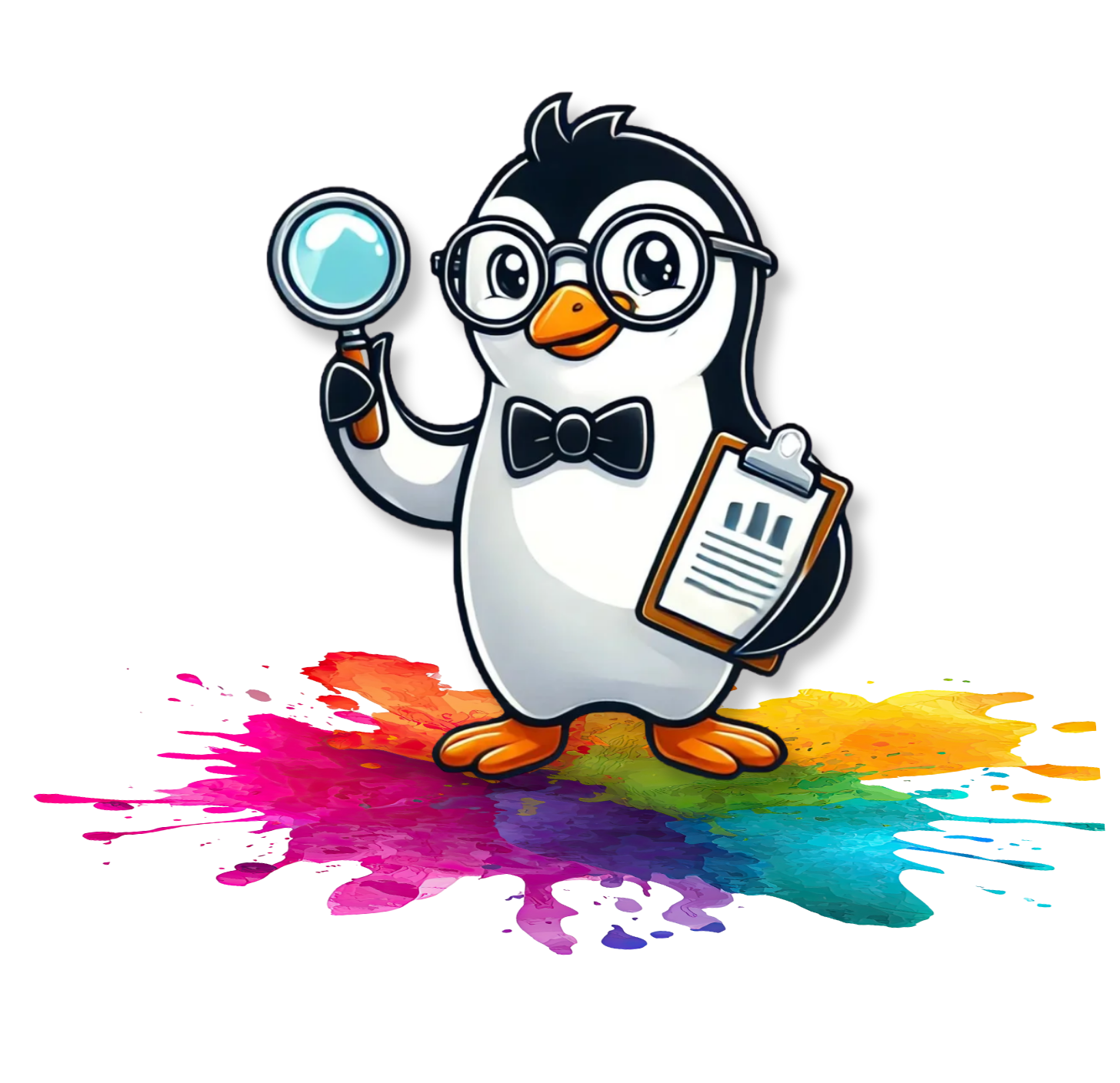 Percy the cartoon penguin with glasses, bow tie, holding a magnifying glass and clipboard, standing on a colorful rainbow painted on the floor.