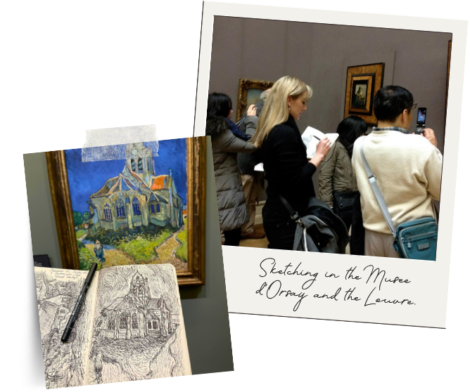 Heather Hodges in a museum sketching an artwork in a museum.