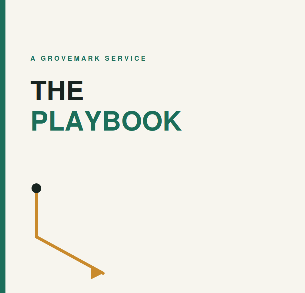 Cover page of a booklet titled "The Playbook" with "A Grovemark Service" written above, featuring a minimalistic golf club graphic on the lower left corner.