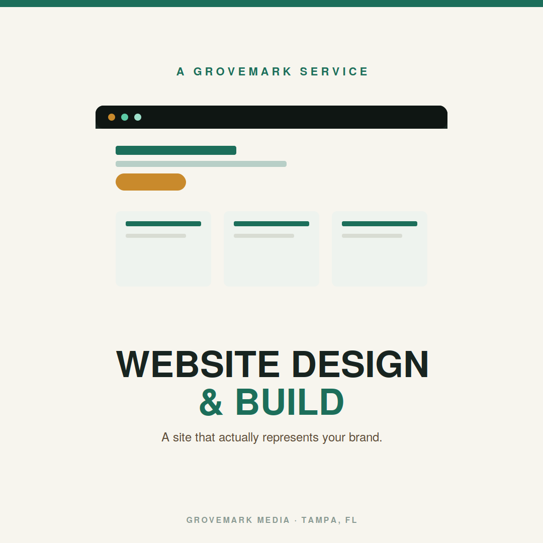 A website homepage for a company called Grovemark Media offers website design and build services, with a clean, minimalistic layout and a navigation menu at the top.