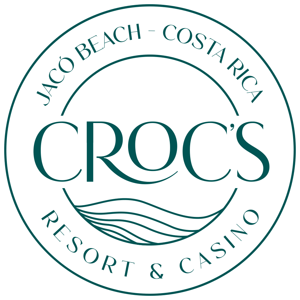 Logo for Croc's, a resort and casino located at Jacó Beach on Costa Rica's Pacific coast. The logo features the word 'Croc's' with waves beneath it, encircled by the text 'Jacó Beach - Costa Rica' and 'Resort & Casino'.
