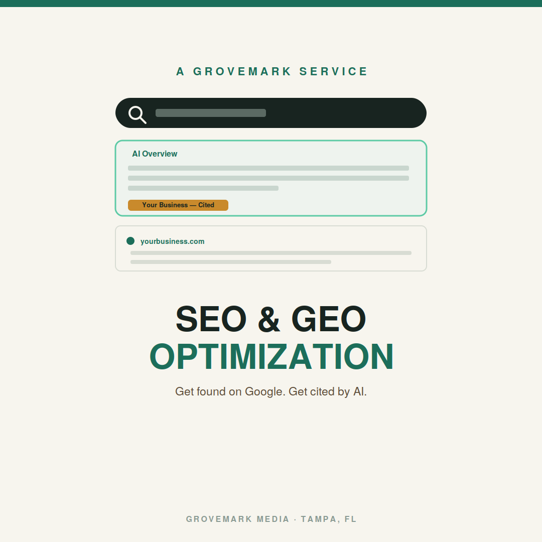 A webpage screenshot titled 'SEO & GEO Optimization' with a search bar, an overview section, and the company name 'GROVERMARK MEDIA' at the bottom, located in Tampa, FL.