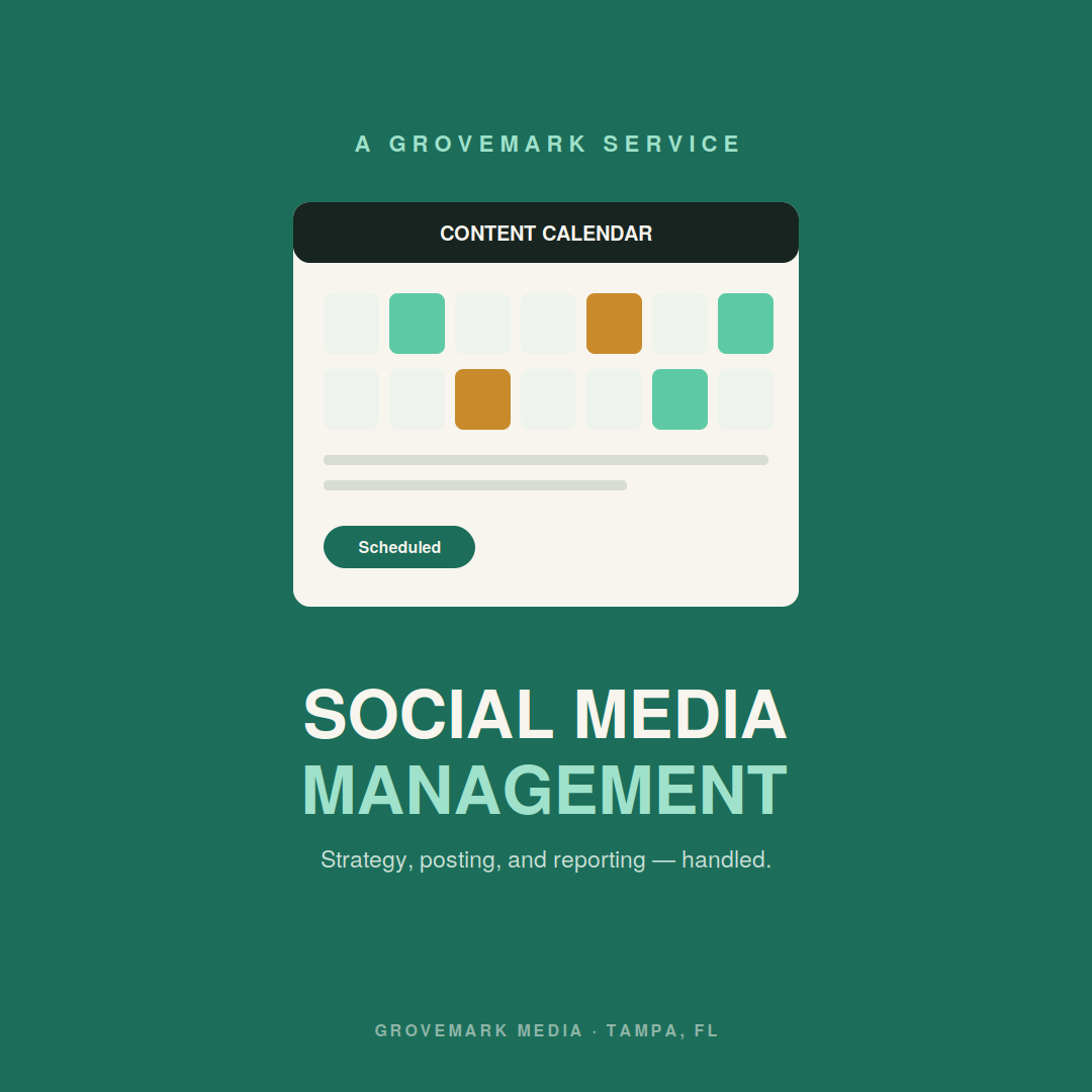 Cover of a social media management service guide with a dark green background, a content calendar graphic, and text indicating strategy, posting, and reporting.