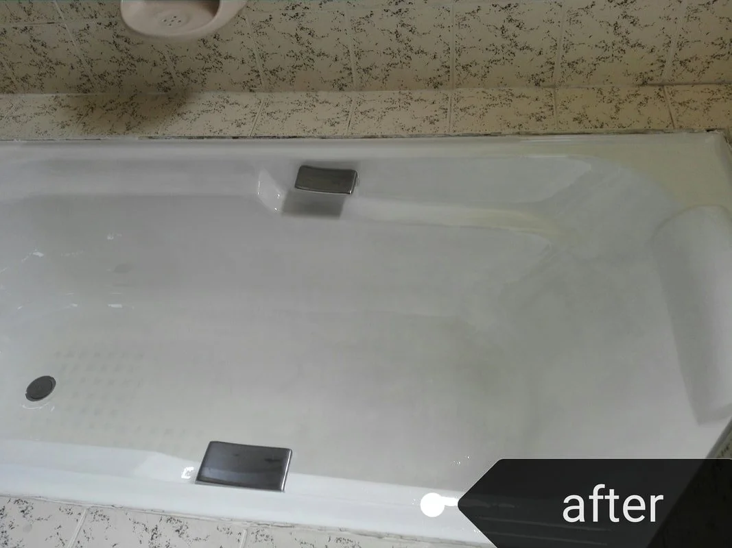 Clean white bathtub with two metal safety bars and a beige speckled tile surround, labeled 'after'.