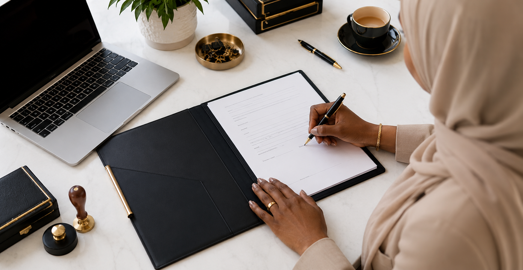 Women reviewing and signing documents at a desk for professional mobile notary services.