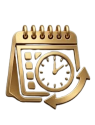 A digital icon of a calendar and clock with a circular arrow indicating scheduling or time management.